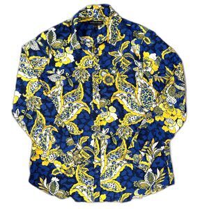 Banana Republic Lily Floral Blouse Women Large Blue Yellow Spring Botanical Top